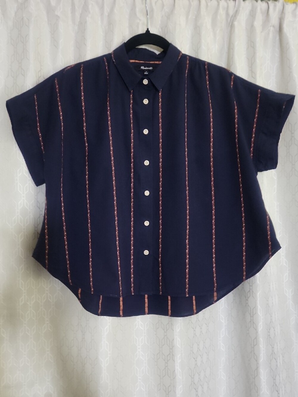 Madewell Navy Short-Sleeve Button Front Top with Copper Stripes